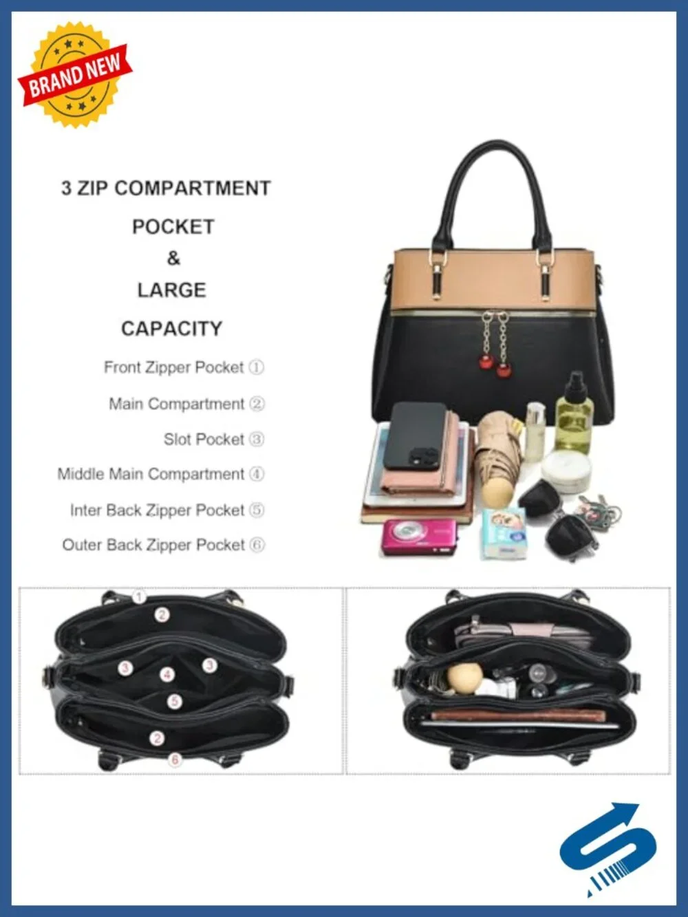 Faux Leather Satchel Handbag with 3 Zip Compartments - Tote Crossbody